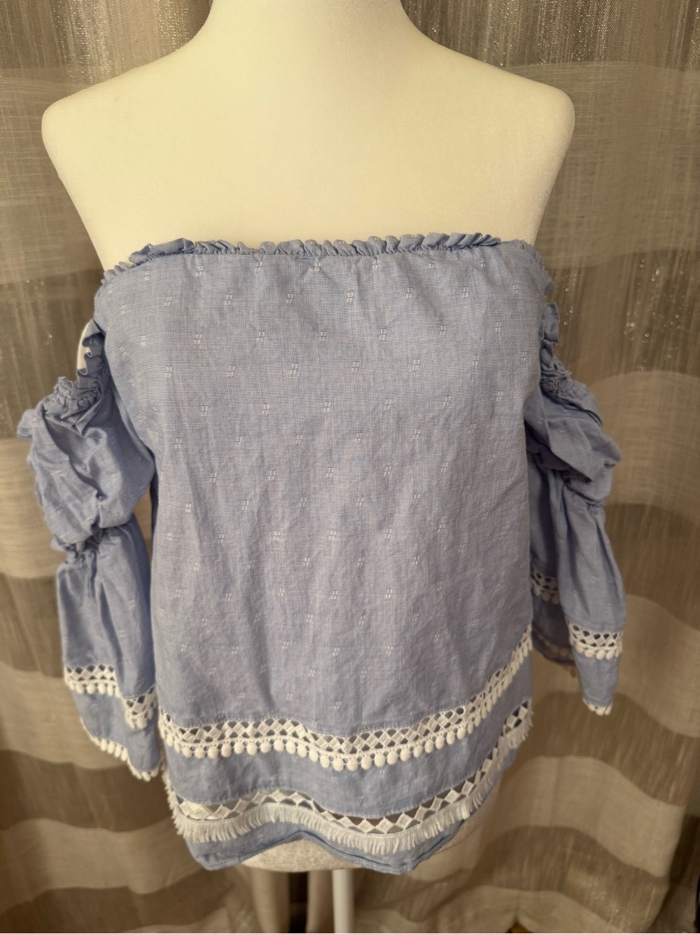 White House Black Market Light Blue Off-Shoulder Blouse with Crochet Trim